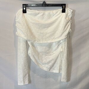 ZESICA Women White Floral Lace Off Shoulder Long Sleeve
Ruched Asymmetrical Top